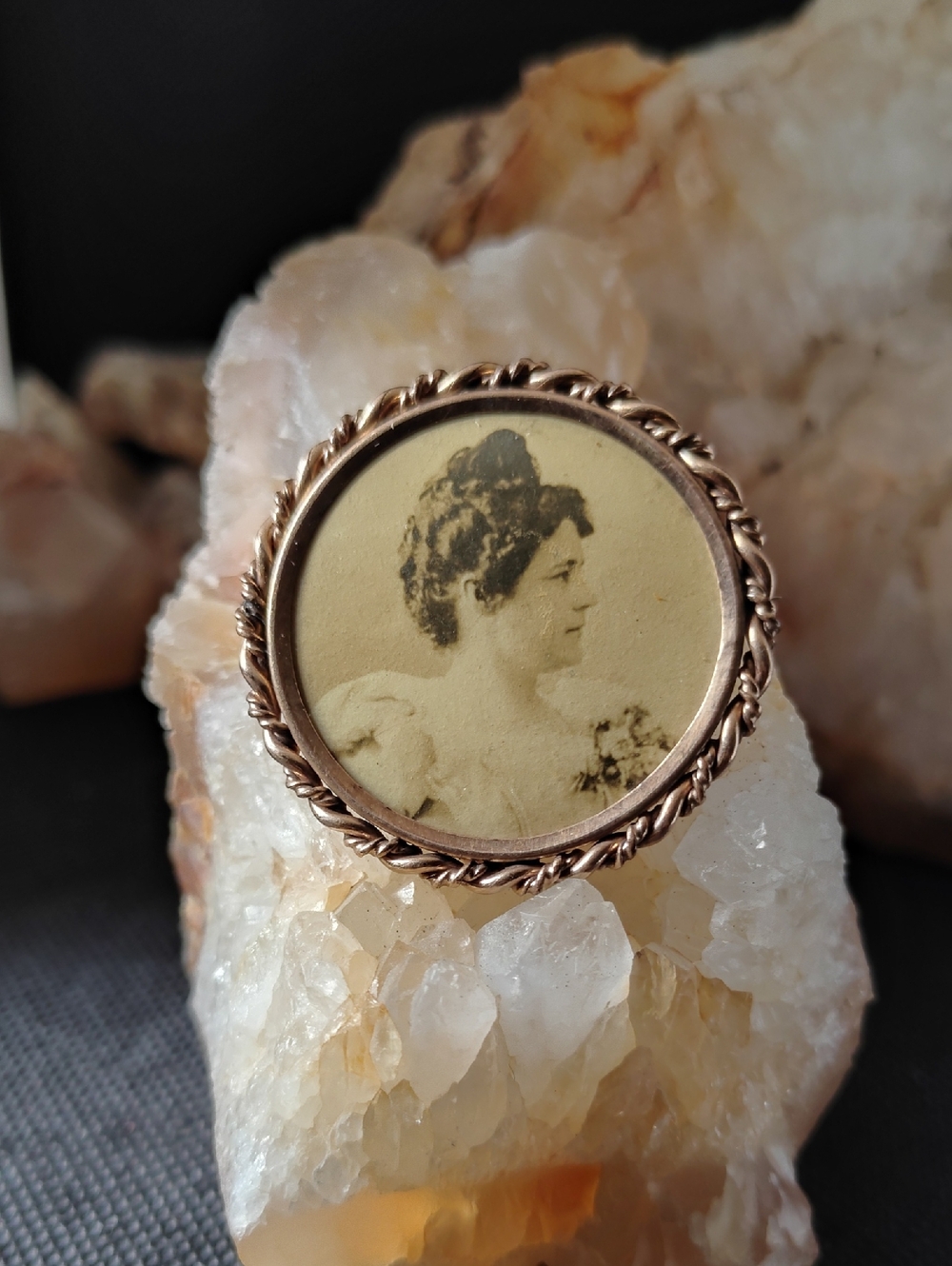 Vintage Antique Portrait Brooch - Gold-Tone Frame, Sepia Portrait
